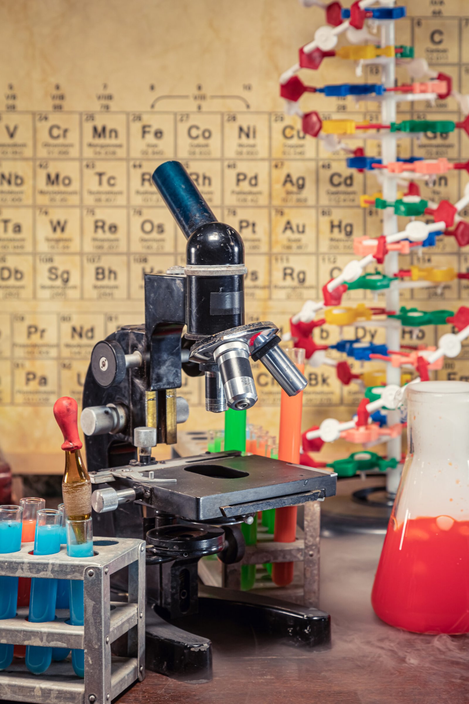 Chemical tests in university laboratory with beakers